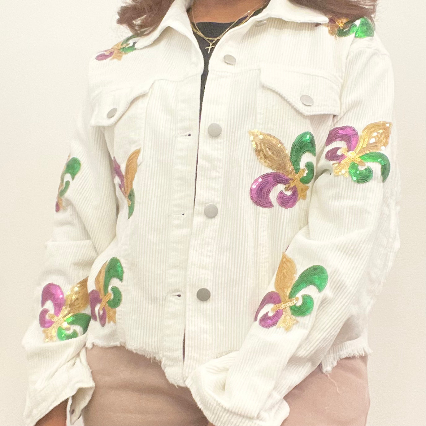 white sequin fleur de lis jacket