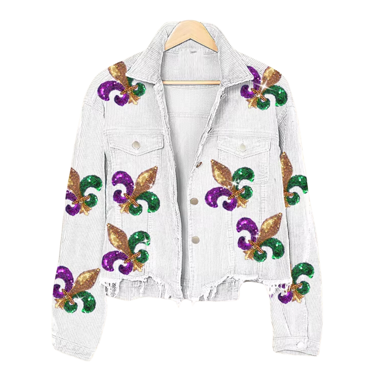 white sequin fleur de lis jacket