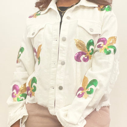 white sequin fleur de lis  jacket