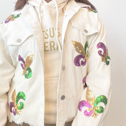 white sequin fleur de lis  jacket
