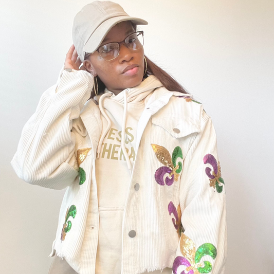 white sequin fleur de lis  jacket