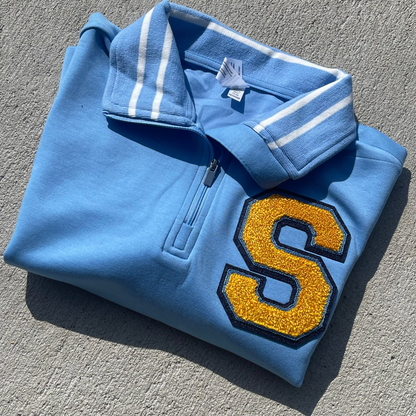 light blue "S" stripe cropped quarter zip