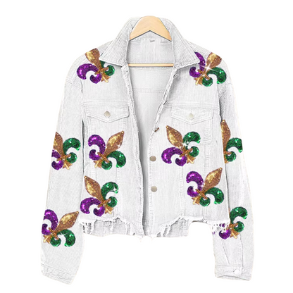 white sequin fleur de lis  jacket
