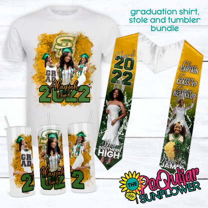 graduation shirt, trim stole, and tumbler bundle