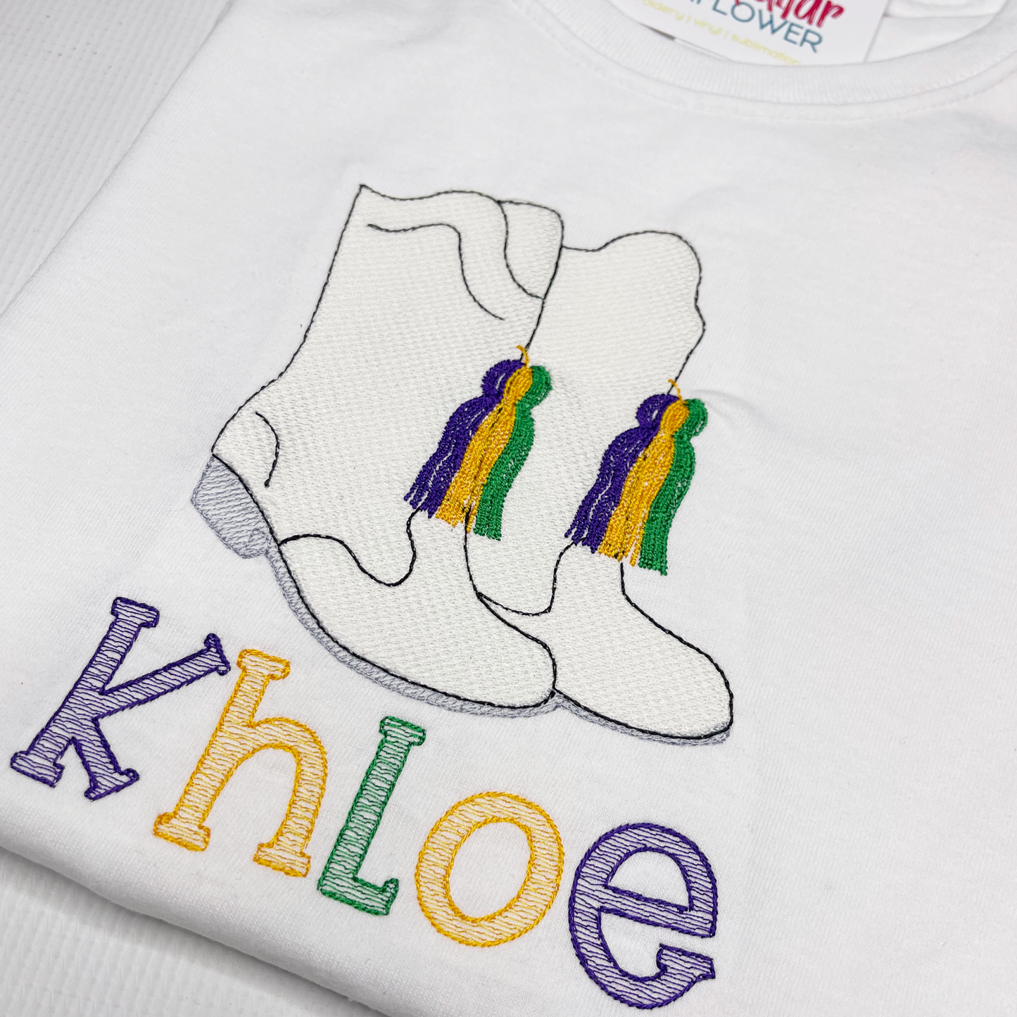 mardi gras boots - embroidered shirt